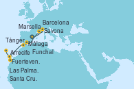 Visitando Barcelona, Marsella (Francia), Savona (Italia), Málaga, Tánger (Marruecos), Fuerteventura (Canarias/España), Arrecife (Lanzarote/España), Las Palmas de Gran Canaria (España), Santa Cruz de Tenerife (España), Funchal (Madeira)