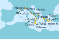 Visitando Barcelona, Marsella (Francia), Savona (Italia), Civitavecchia (Roma), Nápoles (Italia), Palermo (Italia), La Goulette (Tunez), La Valletta (Malta), Catania (Sicilia), Taranto (Italia), Argostoli (Grecia), Mykonos (Grecia), Atenas (Grecia)