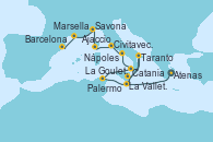 Visitando Atenas (Grecia), La Valletta (Malta), Catania (Sicilia), Taranto (Italia), La Valletta (Malta), La Goulette (Tunez), Palermo (Italia), Nápoles (Italia), Civitavecchia (Roma), Ajaccio (Córcega), Savona (Italia), Marsella (Francia), Barcelona