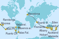 Visitando Buenos aires, Puerto Madryn (Argentina), Islas Falkland (Puerto Stanley/Reino Unido), Ushuaia (Argentina), Puerto Chacabuco (Chile), Puerto Montt (Chile), Valparaíso (Chile), Valparaíso (Chile), Isla Pascua (Chile), Islas Pitcairn (Pacífico), Papeete (Tahití), Papeete (Tahití), Moorea (Tahití), Arutanga (Aitutaki, Islas Cook), Rarotonga (Islas Cook), Bahía de las Islas (Nueva Zelanda), Auckland (Nueva Zelanda), Tauranga (Nueva Zelanda), Christchurch (Nueva Zelanda), Dunedin (Nueva Zelanda), Hobart (Australia), Sydney (Australia), Sydney (Australia), Eden (Nueva Gales), Melbourne (Australia), Adelaide (Australia), Isla Canguro (Australia), Albany (Australia), Busselton (Australia), Fremantle (Australia), Fremantle (Australia), Malé (Maldivas), Puerto Victoria (Seychelles), Nosy Be (Madagascar), Puerto Elizabeth (Sudáfrica), Ciudad del Cabo (Sudáfrica), Walvis Bay (Namibia), Dakar (Senegal), Fuerteventura (Canarias/España), Palermo (Italia), Civitavecchia (Roma), Génova (Italia), Marsella (Francia), Barcelona