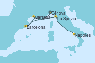 Visitando Génova (Italia), Barcelona, Marsella (Francia), La Spezia, Florencia y Pisa (Italia), Nápoles (Italia)