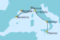 Visitando Génova (Italia), Barcelona, Marsella (Francia), La Spezia, Florencia y Pisa (Italia), Nápoles (Italia), Palermo (Italia)