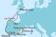 Visitando Southampton (Inglaterra), La Coruña (Galicia/España), Cádiz (España), Málaga, Alicante (España), Palma de Mallorca (España), Barcelona, Valencia, Gijón (Asturias/España), Southampton (Inglaterra)