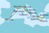 Visitando Barcelona, Gibraltar (Inglaterra), Marsella (Francia), Génova (Italia), La Spezia, Florencia y Pisa (Italia), Civitavecchia (Roma), Nápoles (Italia), Chania (Creta/Grecia), Kusadasi (Efeso/Turquía), Mykonos (Grecia), Atenas (Grecia)