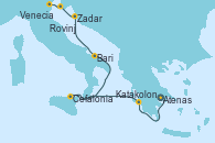 Visitando Atenas (Grecia), Katakolon (Olimpia/Grecia), Cefalonia (Grecia), Bari (Italia), Zadar (Croacia), Rovinj (Croacia), Venecia (Italia)