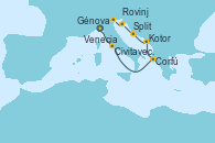 Visitando Génova (Italia), Civitavecchia (Roma), Corfú (Grecia), Kotor (Montenegro), Split (Croacia), Rovinj (Croacia), Venecia (Italia)