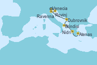 Visitando Venecia (Italia), Rovinj (Croacia), Ravenna (Italia), Dubrovnik (Croacia), Brindisi (Italia), Nidrí (Grecia), Atenas (Grecia)