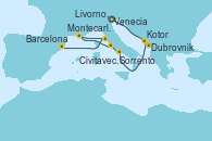 Visitando Venecia (Italia), Dubrovnik (Croacia), Kotor (Montenegro), Sorrento (Nápoles/Italia), Civitavecchia (Roma), Montecarlo (Mónaco), Livorno, Pisa y Florencia (Italia), Barcelona