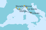 Visitando Civitavecchia (Roma), Marsella (Francia), Villefranche (Niza/Mónaco/Francia), Génova (Italia), La Spezia, Florencia y Pisa (Italia), Civitavecchia (Roma)