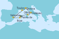 Visitando Palma de Mallorca (España), Olbia (Cerdeña), Civitavecchia (Roma), Savona (Italia), Toulon (Francia), Valencia, Ibiza (España)