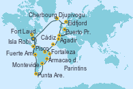 Visitando Fort Lauderdale (Florida/EEUU), Santo Domingo (República Dominicana), Santa Marta (Colombia), Puerto Limón (Costa Rica), Fuerte Amador (Panamá), Fuerte Amador (Panamá), Manta (Ecuador), Banana Coast (Trujillo/Honduras), Lima (Callao/Perú), Lima (Callao/Perú), Pisco (Perú), Arica (Chile), Antofagasta (Chile), San Antonio (Chile), Isla Robinson Crusoe (Chile), Puerto Montt (Chile), Castro (Chile), Puerto Chacabuco (Chile), Punta Arenas (Chile), Ushuaia (Argentina), Stanley (Malvinas), Puerto Madryn (Argentina), Montevideo (Uruguay), Buenos aires, Buenos aires, Punta del Este (Uruguay), Río de Janeiro (Brasil), Río de Janeiro (Brasil), Armacao dos Buzios (Brasil), Salvador de Bahía (Brasil), Maceió (Brasil), Recife (Brasil), Fortaleza (Brasil), Santarem (Brasil), Boca da Valeria (Amazonas), Manaos (Brasil), Manaos (Brasil), Parintins (Brasil), Alter do Chao (Brasil), Isla del Diablo (Guyana Francesa/Francia), Mindelo (Cabo Verde), Puerto Praia (Cabo Verde), Banjul (Gambia), Dakar (Senegal), Arrecife (Lanzarote/España), Agadir (Marruecos), Casablanca (Marruecos), Gibraltar (Inglaterra), Barcelona, Barcelona, Cádiz (España), Lisboa (Portugal), Lisboa (Portugal), Puerto Leixões (Portugal), Brest (Francia), Cherbourg (Francia), Zeebrugge (Bruselas), Ijmuiden (Ámsterdam), Edimburgo (Escocia), Eidfjord (Hardangerfjord/Noruega), Trondheim (Noruega), Tromso (Noruega), Honningsvag (Noruega), Djupivogur (Islandia), Akureyri (Islandia), Ísafjörður (Islandia), Reykjavik (Islandia), Reykjavik (Islandia), Nanortalik (Groenlandia), Qaqortoq, Greeland, Paamiut (Groenlandia), St. Anthony (Canadá), St. John´s (Antigua y Barbuda), San Pedro y Miquelón (Francia), Halifax (Canadá), Portland (Maine/Estados Unidos), Boston (Massachusetts), Fort Lauderdale (Florida/EEUU)