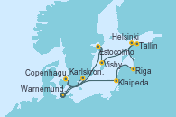 Visitando Warnemunde (Alemania), Estocolmo (Suecia), Visby (Suecia), Tallin (Estonia), Helsinki (Finlandia), Riga (Letonia), Klaipeda (Lituania), Copenhague (Dinamarca), Karlskrona (Suecia), Warnemunde (Alemania)