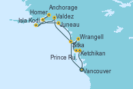 Visitando Vancouver (Canadá), Sitka (Alaska), Valdez (Alaska), Isla Kodiak (Alaska), Homer (Alaska), Anchorage (Alaska), Anchorage (Alaska), Juneau (Alaska), Wrangell (Alaska), Ketchikan (Alaska), Prince Rupert (Canadá), Vancouver (Canadá)