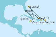 Visitando Miami (Florida/EEUU), Puerto Plata, Republica Dominicana, Cayo Levantado (República Dominicana), San Juan (Puerto Rico), St. John´s (Antigua y Barbuda), Spanish Town (Jamaica), Miami (Florida/EEUU)