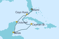 Visitando Miami (Florida/EEUU), Cozumel (México), Belize (Caribe), Cayman Brac (Islas Cayman), Cayo Hueso (Key West/Florida), Miami (Florida/EEUU)