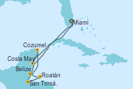 Visitando Miami (Florida/EEUU), San Tomás de Castilla (Guatemala), Roatán (Honduras), Belize (Caribe), Cozumel (México), Costa Maya (México), Miami (Florida/EEUU)