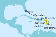 Visitando Miami (Florida/EEUU), Charlotte Amalie (St. Thomas), Terre-de-Haut (Guadalupe), Bridgetown (Barbados), Martinica (Antillas), Basseterre (Antillas), San Juan (Puerto Rico)