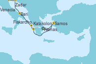 Visitando Atenas (Grecia), Samos (Grecia), Katakolon (Olimpia/Grecia), Fiskardho, Cephalonia (Grecia), Bari (Italia), Zadar (Croacia), Venecia (Italia)