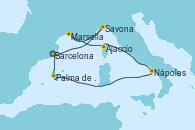 Visitando Barcelona, Savona (Italia), Marsella (Francia), Ajaccio (Córcega), Nápoles (Italia), Palma de Mallorca (España), Barcelona