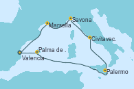 Visitando Valencia, Palma de Mallorca (España), Palermo (Italia), Civitavecchia (Roma), Savona (Italia), Marsella (Francia), Valencia