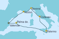 Visitando Valencia, Palma de Mallorca (España), Palermo (Italia), Civitavecchia (Roma), Savona (Italia), Toulon (Francia), Valencia