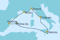 Visitando Palma de Mallorca (España), Palermo (Italia), Civitavecchia (Roma), Savona (Italia), Toulon (Francia), Valencia, Palma de Mallorca (España)