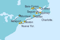 Visitando Montreal (Canadá), Quebec (Canadá), Quebec (Canadá), Saguenay (Canadá), Baie-Commeau (Quebec/Canadá), Charlottetown (Canadá), Sydney (Nueva Escocia/Canadá), Halifax (Canadá), Boston (Massachusetts), Newport (Rhode Island), Nueva York (Estados Unidos)