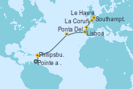 Visitando Pointe a Pitre (Guadalupe), Philipsburg (St. Maarten), Ponta Delgada (Azores), Lisboa (Portugal), La Coruña (Galicia/España), Le Havre (Francia), Southampton (Inglaterra)