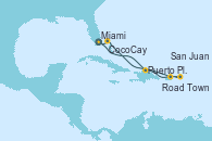 Visitando Miami (Florida/EEUU), Puerto Plata, Republica Dominicana, Road Town (Isla Tórtola/Islas Vírgenes), San Juan (Puerto Rico), CocoCay (Bahamas), Miami (Florida/EEUU)