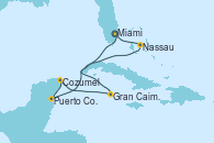 Visitando Miami (Florida/EEUU), Gran Caimán (Islas Caimán), Cozumel (México), Puerto Costa Maya (México), Nassau (Bahamas), Miami (Florida/EEUU)