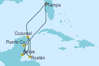 Visitando Tampa (Florida), Belize (Caribe), Cozumel (México), Roatán (Honduras), Puerto Costa Maya (México), Tampa (Florida)