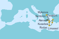 Visitando Atenas (Grecia), Tesalónica (Grecia), Tesalónica (Grecia), Limassol (Chipre), Rodas (Grecia), Kusadasi (Efeso/Turquía), Santorini (Grecia), Mykonos (Grecia), Atenas (Grecia)