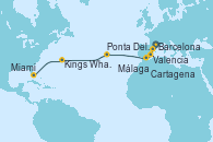 Visitando Barcelona, Valencia, Cartagena (Murcia), Málaga, Ponta Delgada (Azores), Kings Wharf (Bermudas), Miami (Florida/EEUU)