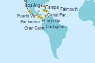 Visitando Los Ángeles (California), Puerto Vallarta (México), Puerto Quetzal (Guatemala), Puntarenas (Costa Rica), Canal Panamá, Cartagena de Indias (Colombia), Falmouth (Jamaica), Gran Caimán (Islas Caimán), Tampa (Florida)