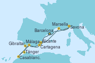 Visitando Barcelona, Málaga, Tánger (Marruecos), Casablanca (Marruecos), Gibraltar (Inglaterra), Cartagena (Murcia), Alicante (España), Marsella (Francia), Savona (Italia), Barcelona