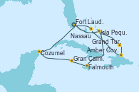 Visitando Fort Lauderdale (Florida/EEUU), Isla Pequeña (San Salvador/Bahamas), Falmouth (Jamaica), Gran Caimán (Islas Caimán), Cozumel (México), Fort Lauderdale (Florida/EEUU), Isla Pequeña (San Salvador/Bahamas), Grand Turks(Turks & Caicos), Amber Cove (República Dominicana), Nassau (Bahamas), Fort Lauderdale (Florida/EEUU)