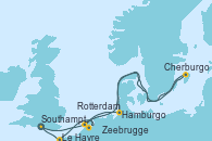 Visitando Southampton (Inglaterra), Cherburgo (Francia), Hamburgo (Alemania), Rotterdam (Holanda), Zeebrugge (Bruselas), Le Havre (Francia), Southampton (Inglaterra)