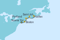 Visitando Nueva York (Estados Unidos), Boston (Massachusetts), Portland (Maine/Estados Unidos), Halifax (Canadá), Saint John (New Brunswick/Canadá), Saint John (New Brunswick/Canadá), Nueva York (Estados Unidos)