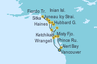 Visitando Vancouver (Canadá), Ketchikan (Alaska), Sitka (Alaska), Hubbard Glacier, Alaska, Inian Islands (Alaska/Usa), Icy Strait Point (Alaska), Haines (Alaska), Juneau (Alaska), Fiordo Tracy Arm (Alaska), Wrangell (Alaska), Misty Fjords (CRUCERO), Prince Rupert (Canadá), Alert Bay (Canada), Vancouver (Canadá)