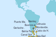 Visitando Buenos aires, Ushuaia (Argentina), Cabo de Hornos (Chile), Bahía Paraíso (Antártida), Gerlache Strait (Antártida), Canal Schollart (Antártida), Isla Elefante (Antártida), Stanley (Malvinas), Puerto Madryn (Argentina), Montevideo (Uruguay), Buenos aires