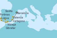 Visitando Barcelona, Valencia, Cartagena (Murcia), Málaga, Gibraltar (Inglaterra), Sevilla (España), Sevilla (España), Sevilla (España), Portimao (Portugal), Lisboa (Portugal)