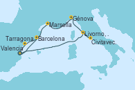 Visitando Valencia, Livorno, Pisa y Florencia (Italia), Civitavecchia (Roma), Génova (Italia), Marsella (Francia), Tarragona (España), Valencia, Barcelona