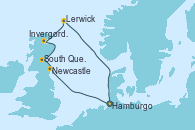 Visitando Hamburgo (Alemania), Newcastle (Reino Unido), South Queensferry (Escocia), Invergordon (Escocia), Lerwick (Escocia), Hamburgo (Alemania)