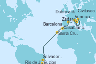 Visitando Venecia (Italia), Zadar (Croacia), Dubrovnik (Croacia), Civitavecchia (Roma), Barcelona, Casablanca (Marruecos), Santa Cruz de Tenerife (España), Salvador de Bahía (Brasil), Buzios (Brasil), Río de Janeiro (Brasil)