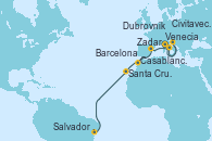 Visitando Venecia (Italia), Zadar (Croacia), Dubrovnik (Croacia), Civitavecchia (Roma), Barcelona, Casablanca (Marruecos), Santa Cruz de Tenerife (España), Salvador de Bahía (Brasil)