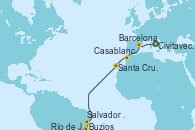 Visitando Civitavecchia (Roma), Barcelona, Casablanca (Marruecos), Santa Cruz de Tenerife (España), Salvador de Bahía (Brasil), Buzios (Brasil), Río de Janeiro (Brasil)