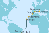 Visitando Río de Janeiro (Brasil), Santos (Brasil), Mindelo (Cabo Verde), Las Palmas de Gran Canaria (España), Tánger (Marruecos), Barcelona, Civitavecchia (Roma)