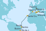 Visitando Venecia (Italia), Corfú (Grecia), Siracusa (Sicilia), Palermo (Italia), Valencia, Santa Cruz de Tenerife (España), Recife (Brasil), Buzios (Brasil), Río de Janeiro (Brasil), Santos (Brasil)