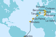 Visitando Santos (Brasil), Mindelo (Cabo Verde), Las Palmas de Gran Canaria (España), Tánger (Marruecos), Barcelona, Civitavecchia (Roma), Messina (Sicilia), La Valletta (Malta), Split (Croacia), Venecia (Italia)