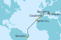 Visitando Civitavecchia (Roma), Barcelona, Casablanca (Marruecos), Santa Cruz de Tenerife (España), Salvador de Bahía (Brasil)